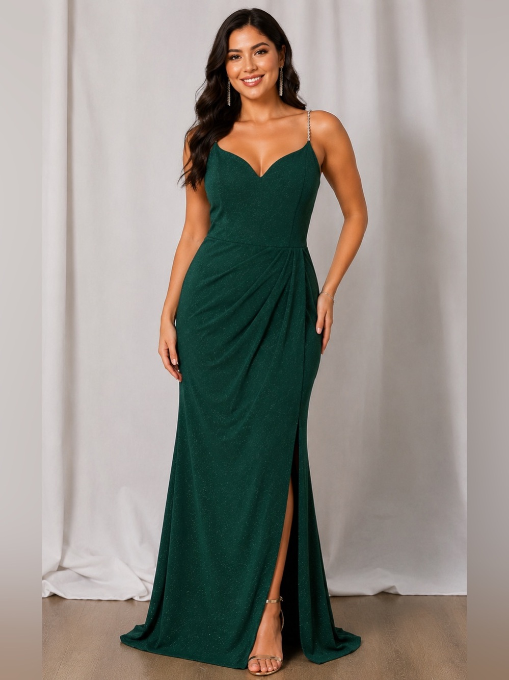 Vesbow Emerald Green Glitter Formal Gown M Rhinestone Straps NWT